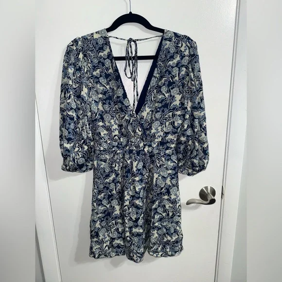 REISS Daisy Puff Sleeve Print Mini Dress in Blue Print Size 6 - Picture 10 of 10